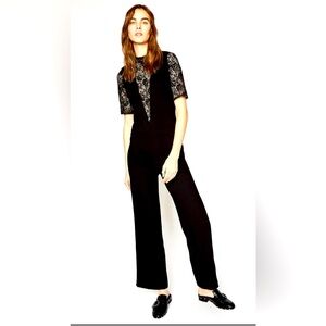 The Kooples Black Lace-trimmed Crepe Jumpsuit Short Sleeve Size Small, 36